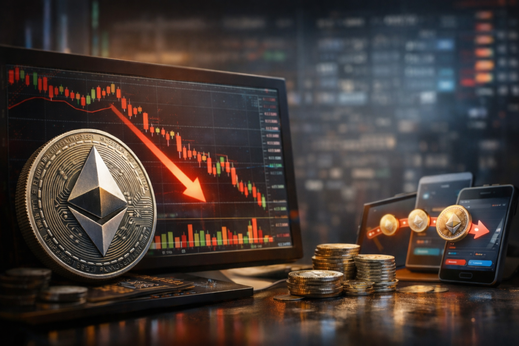 Ethereum coin displayed in front of a trading monitor showing a downward market trend, with crypto wallets and coins symbolising transfers during a price decline.